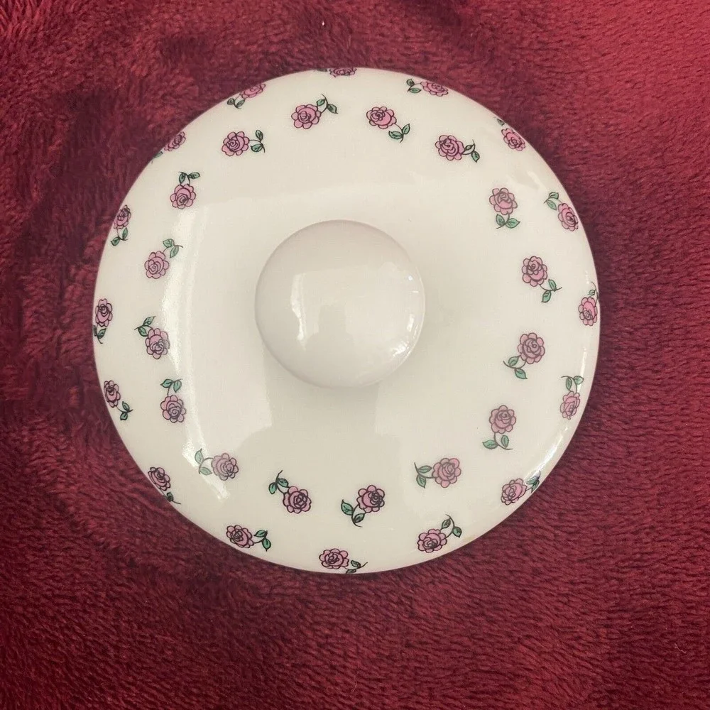 Vintage Porcelain Courting Couple Floral Cotton Ball Vanity Jar West Germany